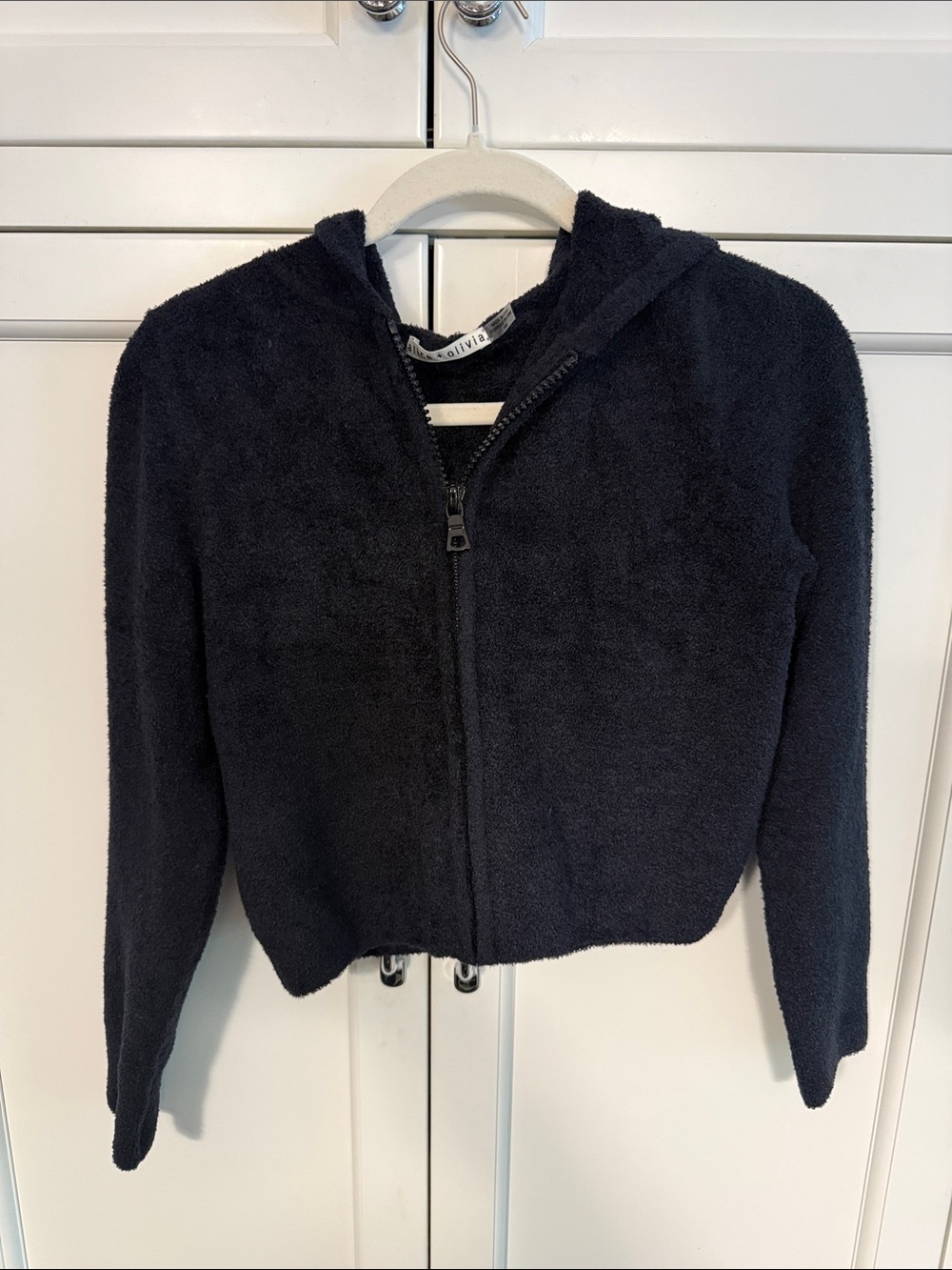 Alice and Olivia Cozy Black Zip-Up Hooded Fuzzy Jacket